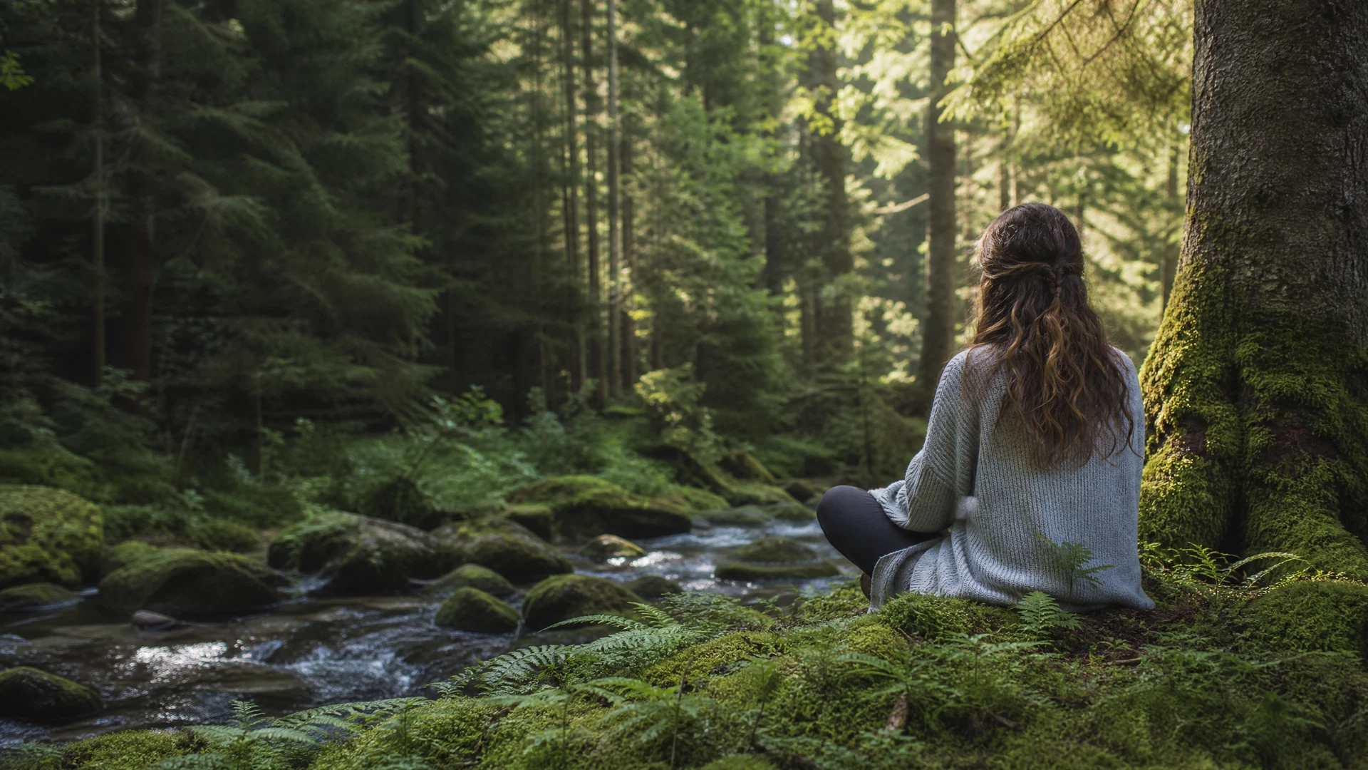 Achtsame Pause beim Waldbaden in einem stillen Schwarzwald