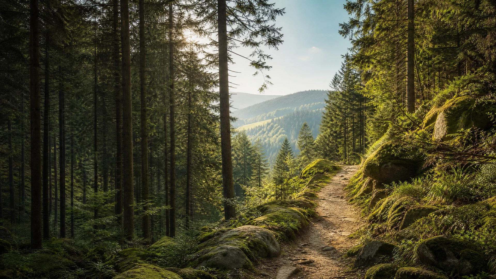 Waldweg bei Wolfach im Schwarzwald mit Blick in die Landschaft des Kinzigtals